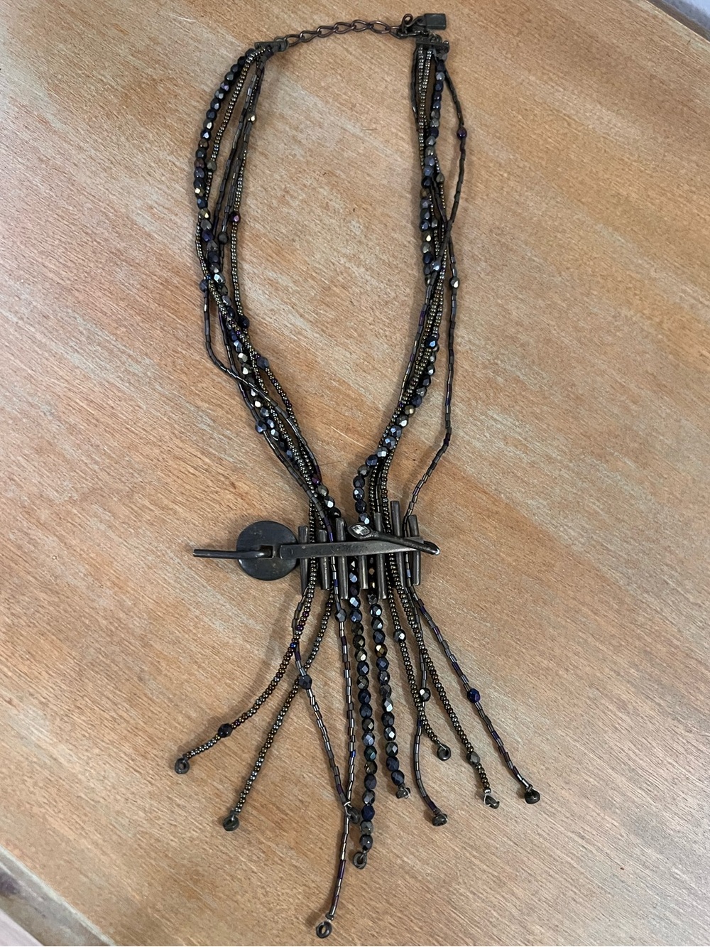 Layered Black Beaded Fringe Necklace with Toggle Closure